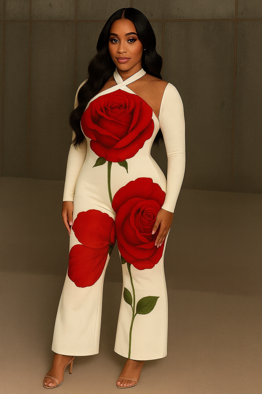 Graceful and Fashionable Long Sleeve Halter Rose Tight Jumpsuit