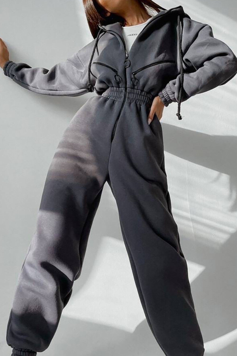 Zip-Up Cinch Waist Long Sleeve Hooded Solid Color Casual Jumpsuit-Green