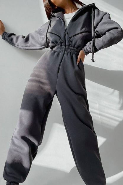 Zip-Up Cinch Waist Long Sleeve Hooded Solid Color Casual Jumpsuit-Green