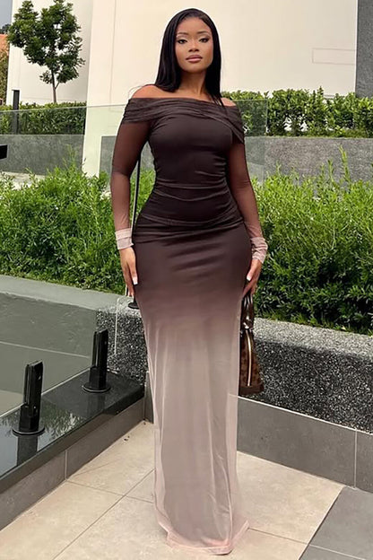 Off Shoulder Sheer Long Sleeve Ombre Color Bodycon Maxi Dresses-Brown