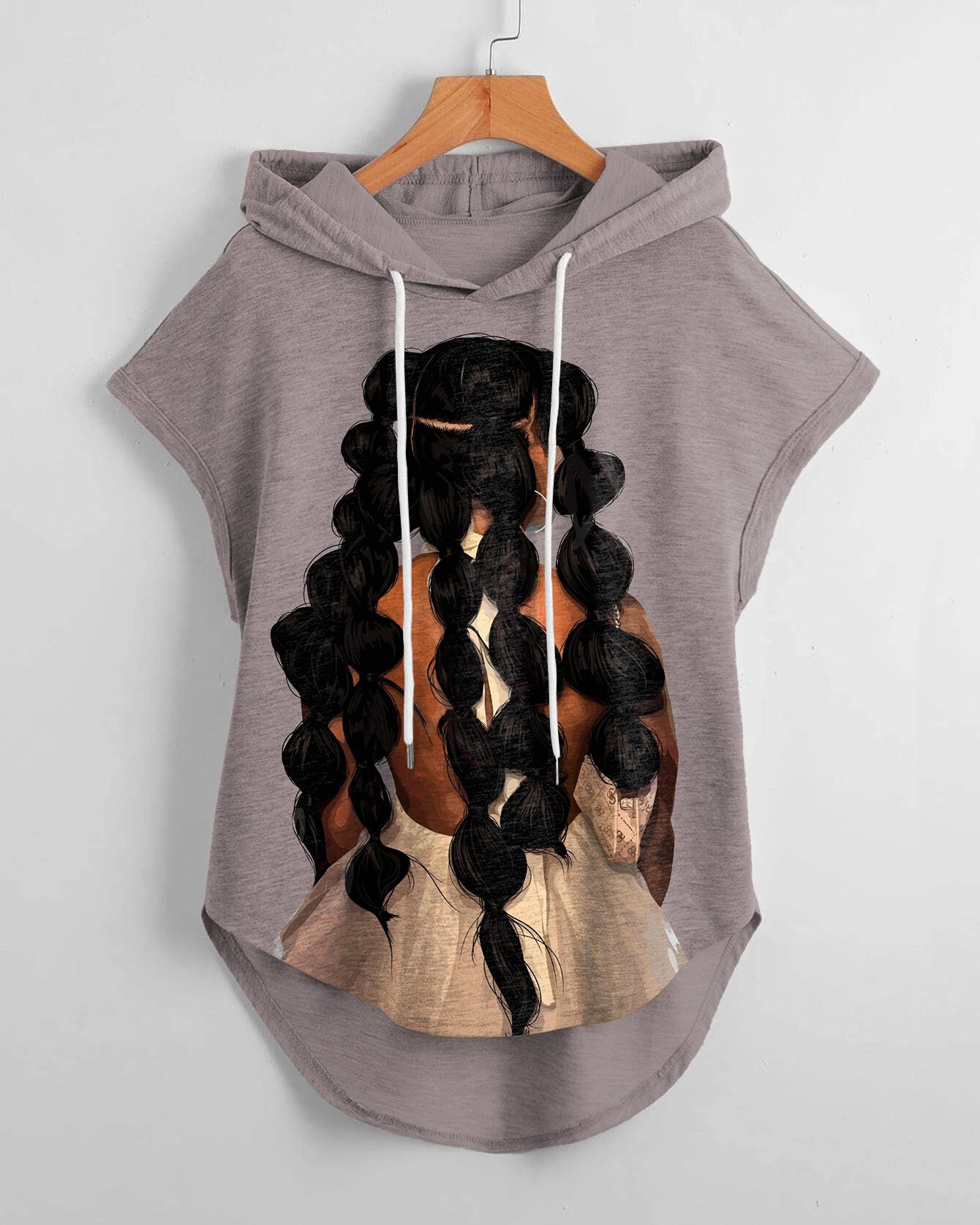 Long Hair Brown Girl Low Hem Drawstring Hooded Tee