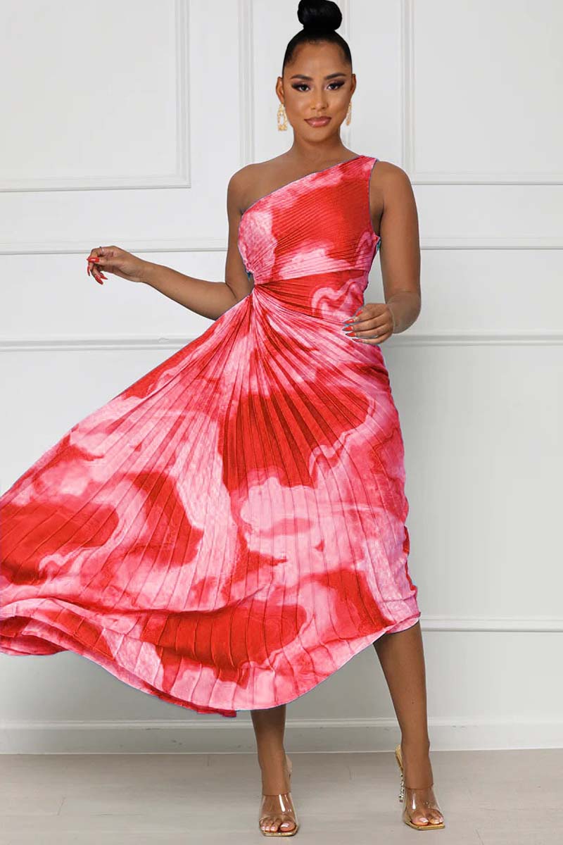 One Shoulder Sleeveless Print Cut Out Pleated Hem Maxi Dress