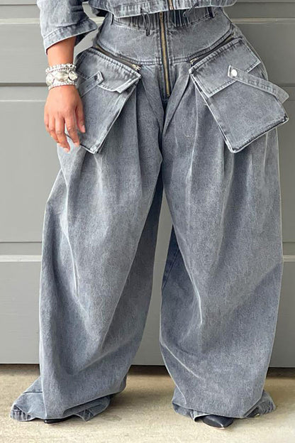 Denim Zip Long Sleeve Crop Jacket Pockets Wide Leg Pants Matching Set-Grey