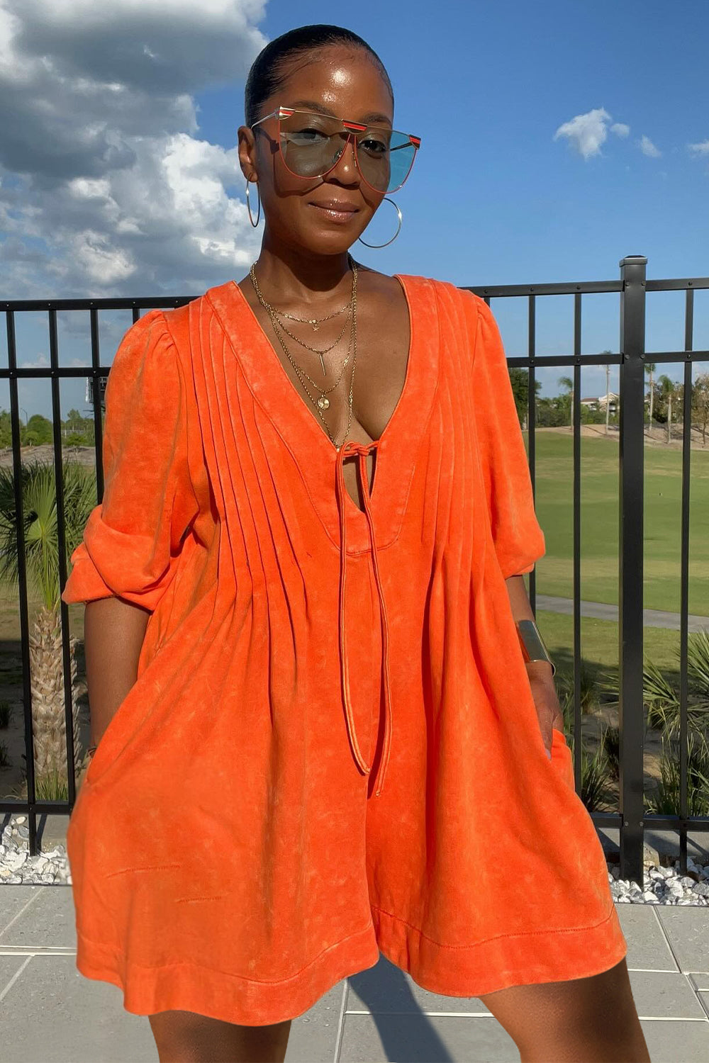 Deep V Neck 3/4 Sleeve Pleated Wide Leg Romper Playsuit-Orange