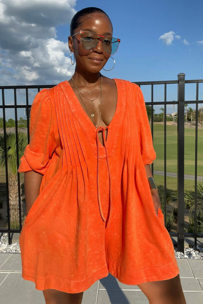Deep V Neck 3/4 Sleeve Pleated Wide Leg Romper Playsuit-Orange