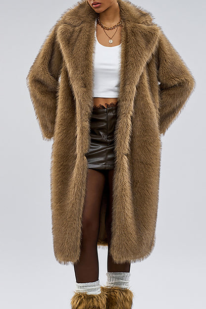 Faux Fur Turndown Collar Long Sleeve Fuzzy Overcoat-Camel