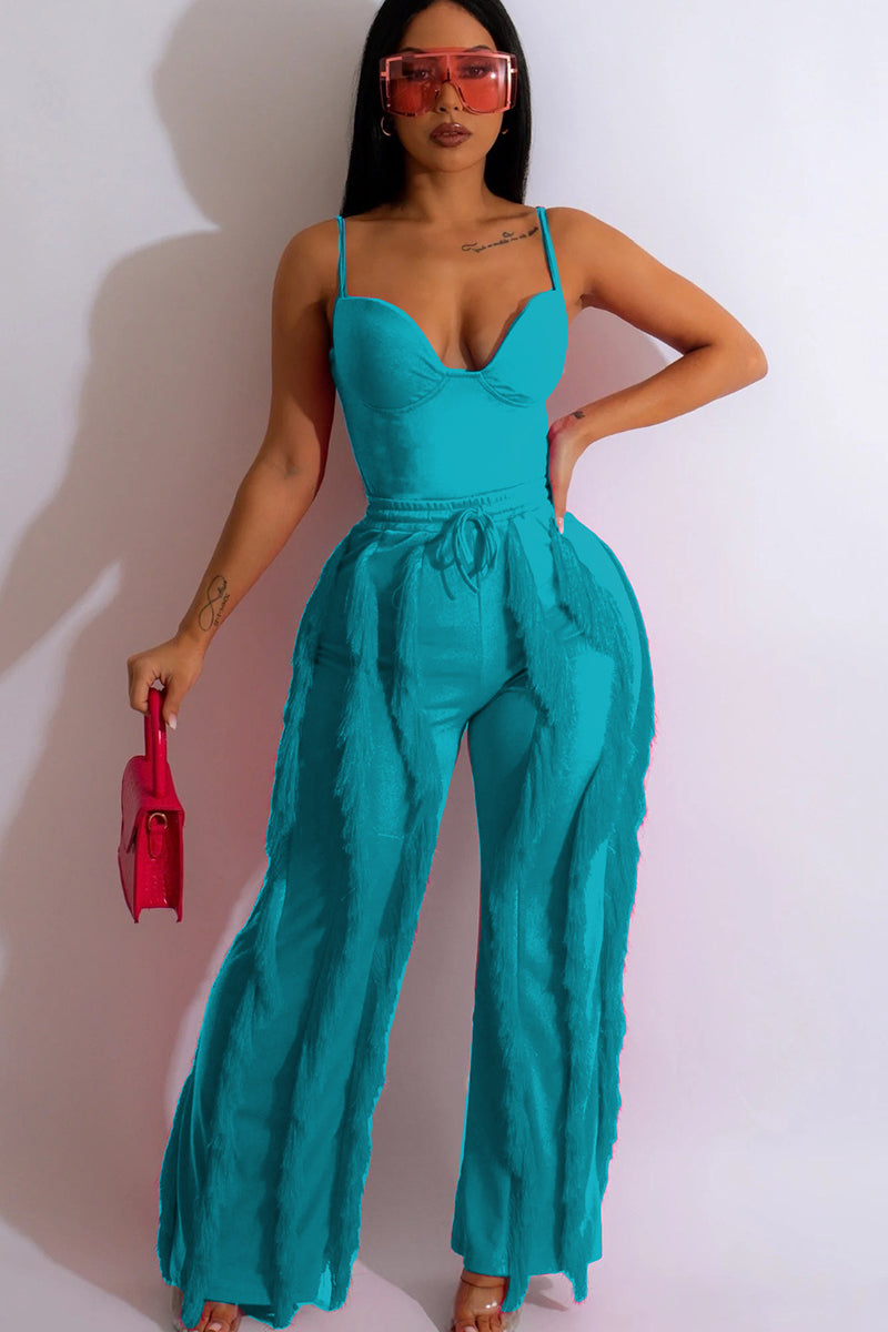 Asymmetric Neck Cami Top Fringed Drawstring Straight Leg Pants Matching Set