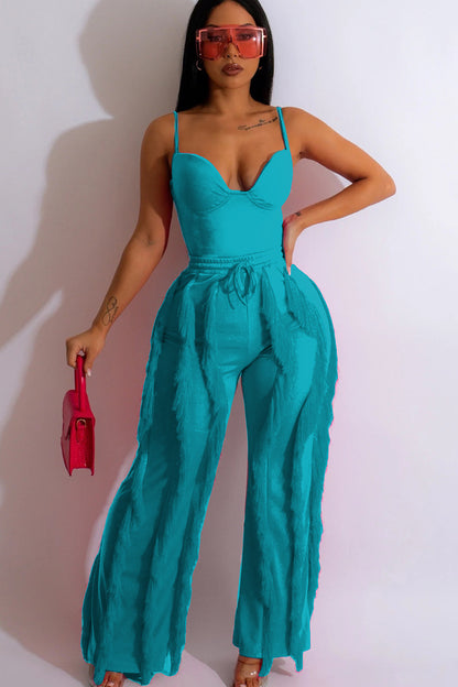 Asymmetric Neck Cami Top Fringed Drawstring Straight Leg Pants Matching Set