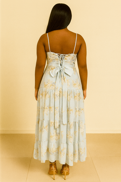 Sling Temperament Printed Pearl Waist-Slimming Long Dress