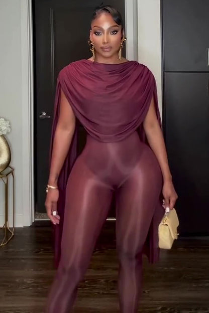 Cowl Neck Cape Sleeve Semi-Sheer Bodycon Jumpsuit-Burgundy [Pre Order]