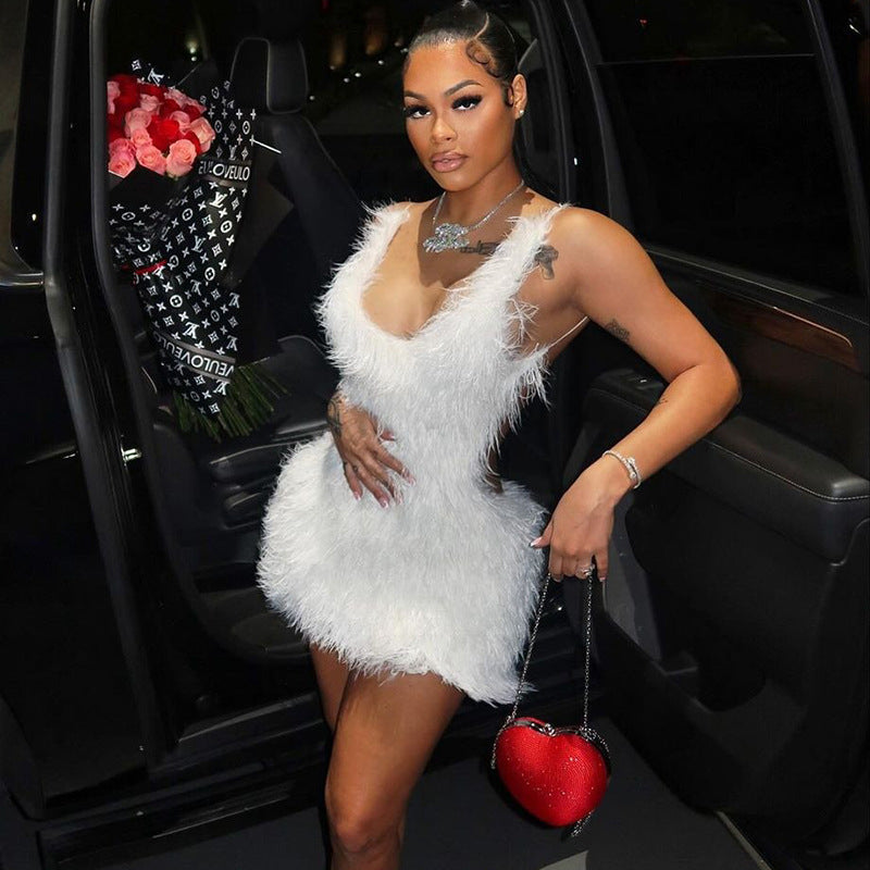 Sexy Hollow Backless Zipper Solid Color Furry Sling Sheath Dress