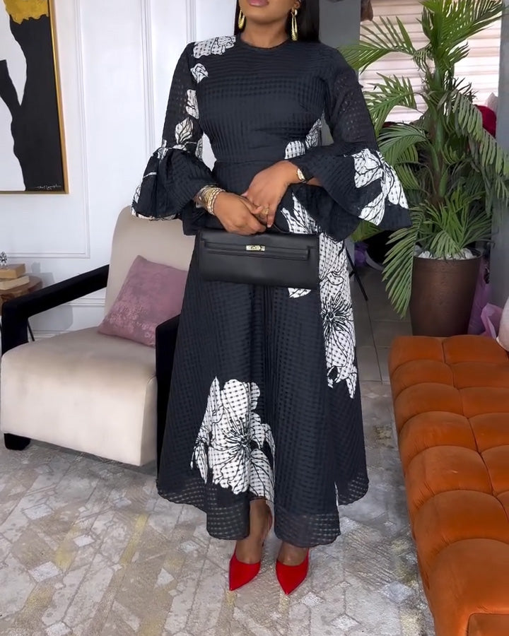 Formal Floral Crew Neck Long Sleeve Maxi Dress