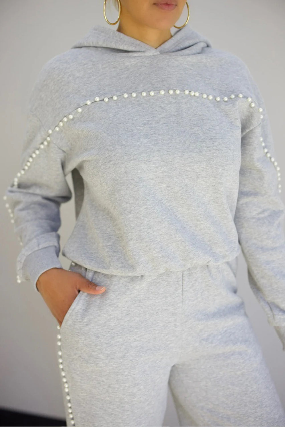 Pearl-Like Beads Decor Hoodie Sweatpants Casual 2pcs Set-Gray [Pre Order]