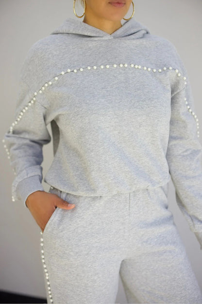 Pearl-Like Beads Decor Hoodie Sweatpants Casual 2pcs Set-Gray [Pre Order]