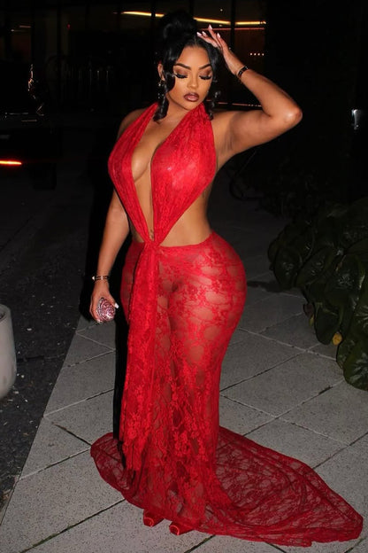 Deep V Halter See-Through Lace Party Mermaid Maxi Dresses-Red [Pre Order]