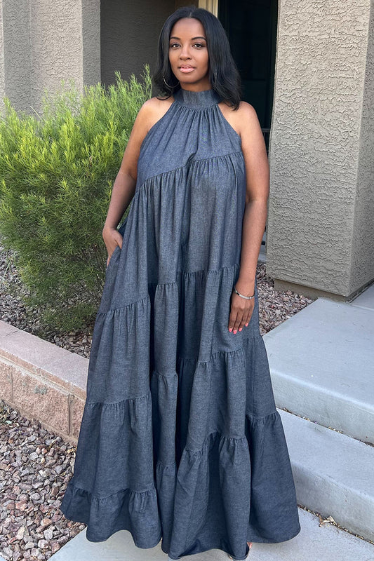 Halter Neck Ribbon Tiered Loose-Fit Denim Maxi Dresses-Blue [Pre Order]