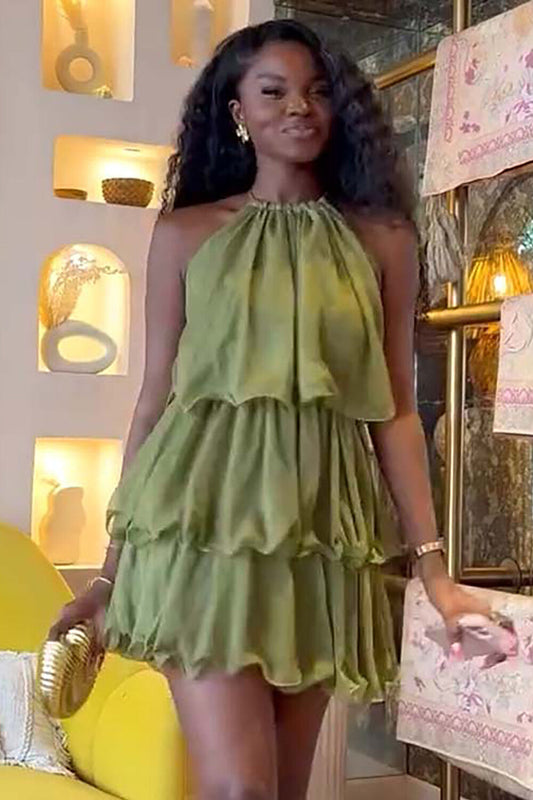 Layered Design Solid Color Halter Neck Mini Dresses-Green