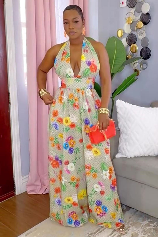 Deep V Halter Backless Floral Print Vacay Wide Leg Jumpsuit-Beige [Pre Order]