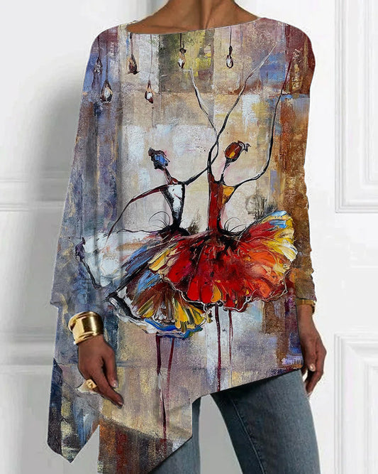 Fashion oil painting personality printing irregular hem top