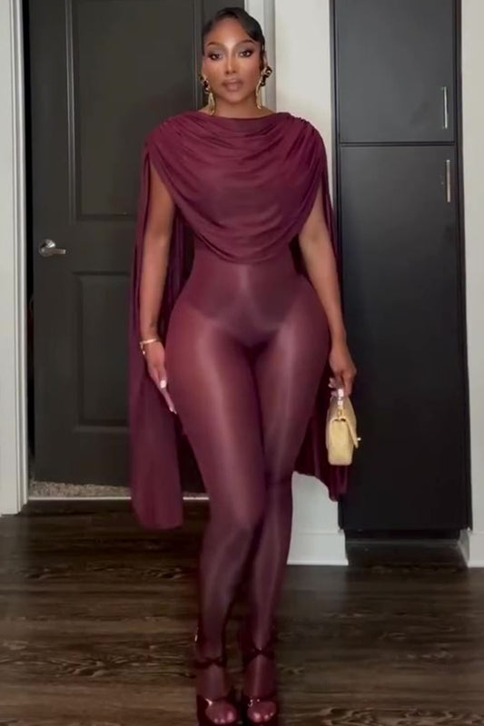 Cowl Neck Cape Sleeve Semi-Sheer Bodycon Jumpsuit-Burgundy [Pre Order]