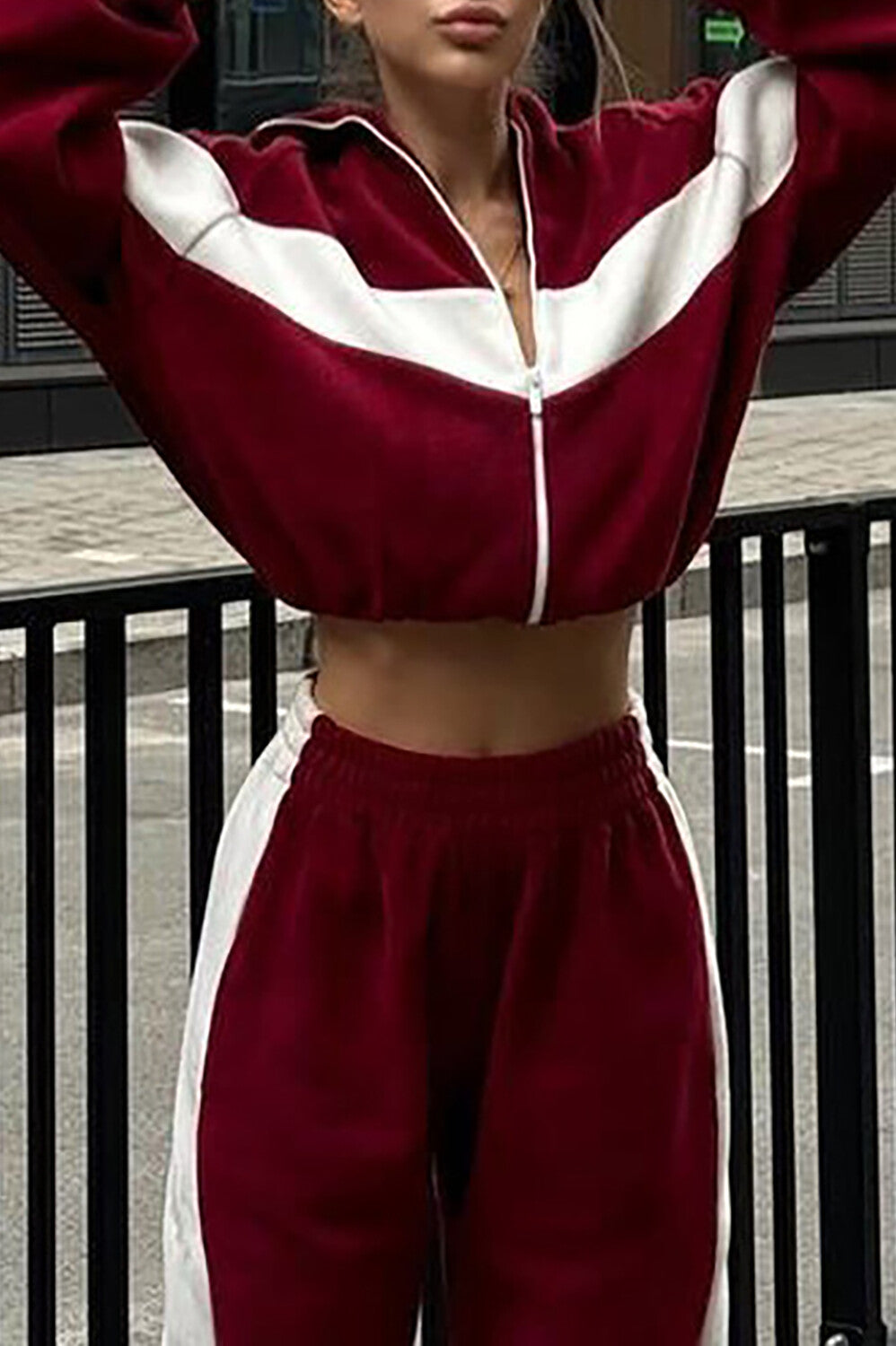 Colorblock Long Sleeve Track Jacket Casual Pants Matching Set-Brown