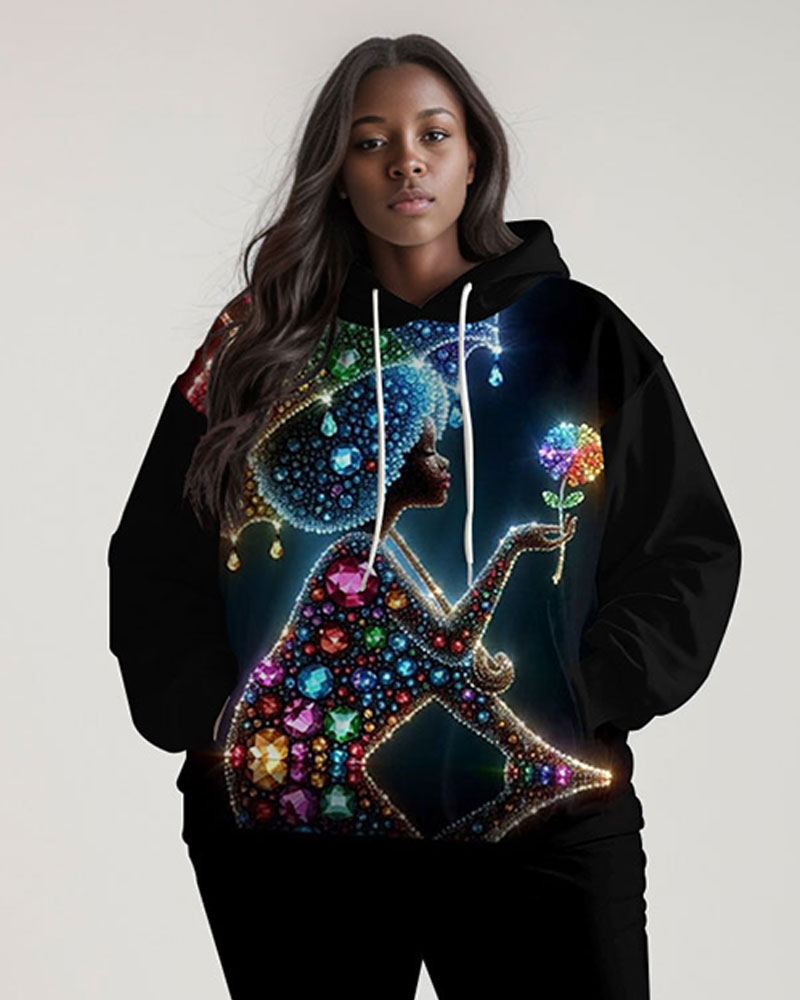 Colorful Diamond Afro Girl Print Long Sleeve Hoodie Two Pieces Set