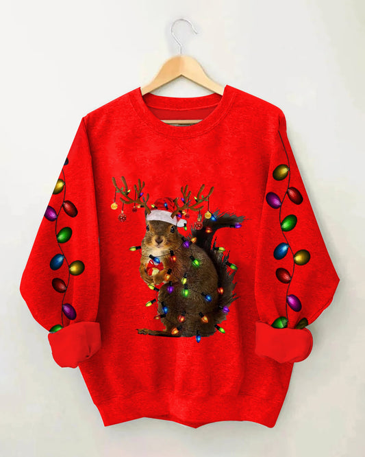 Daily Christmas Squirrel Lights Print Long-sleeved Sweatshirt