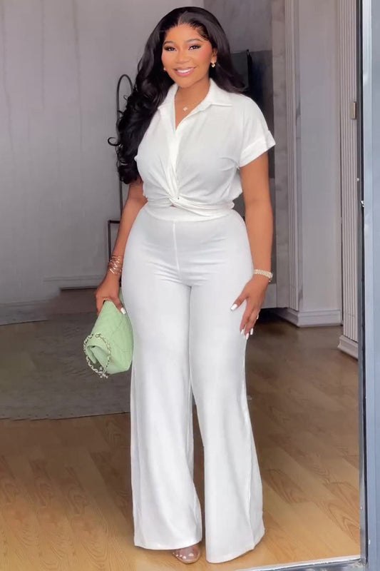 Twisted Hem Blouse Wide Leg Pants Daily Solid 2pcs Set-White [Pre Order]