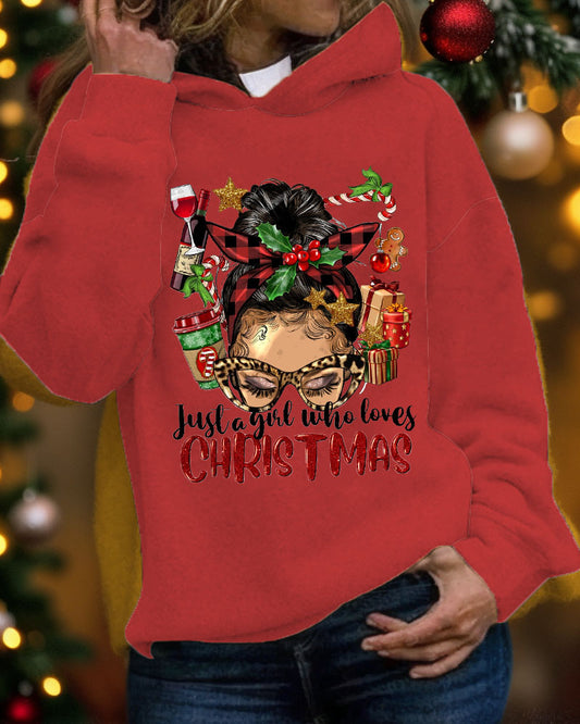 Women's Christmas Print Pocket Long Sleeve Hoodie