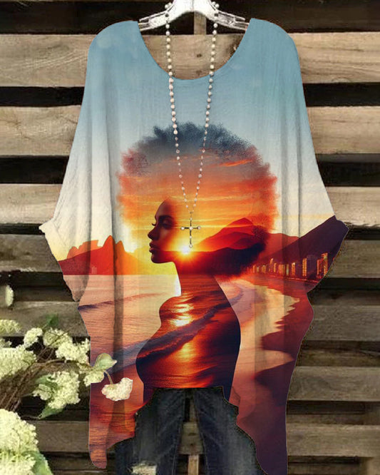 Round Neck Sunset Afro Girl Irregular Shirt