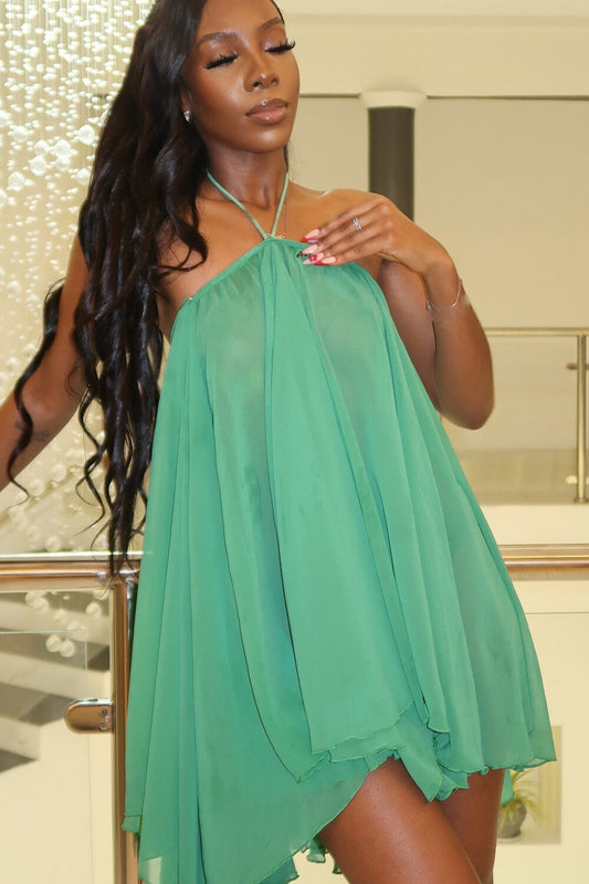 Halter Neck Pleated Solid Color Irregular Mini Dresses-Green