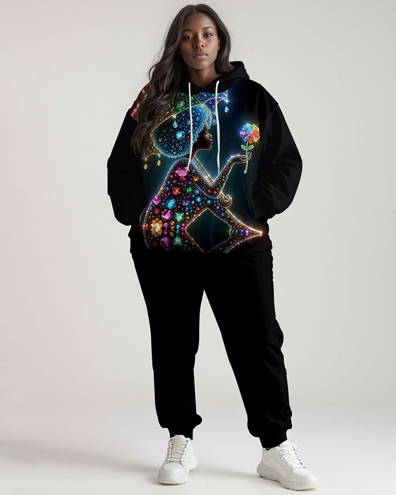 Colorful Diamond Afro Girl Print Long Sleeve Hoodie Two Pieces Set