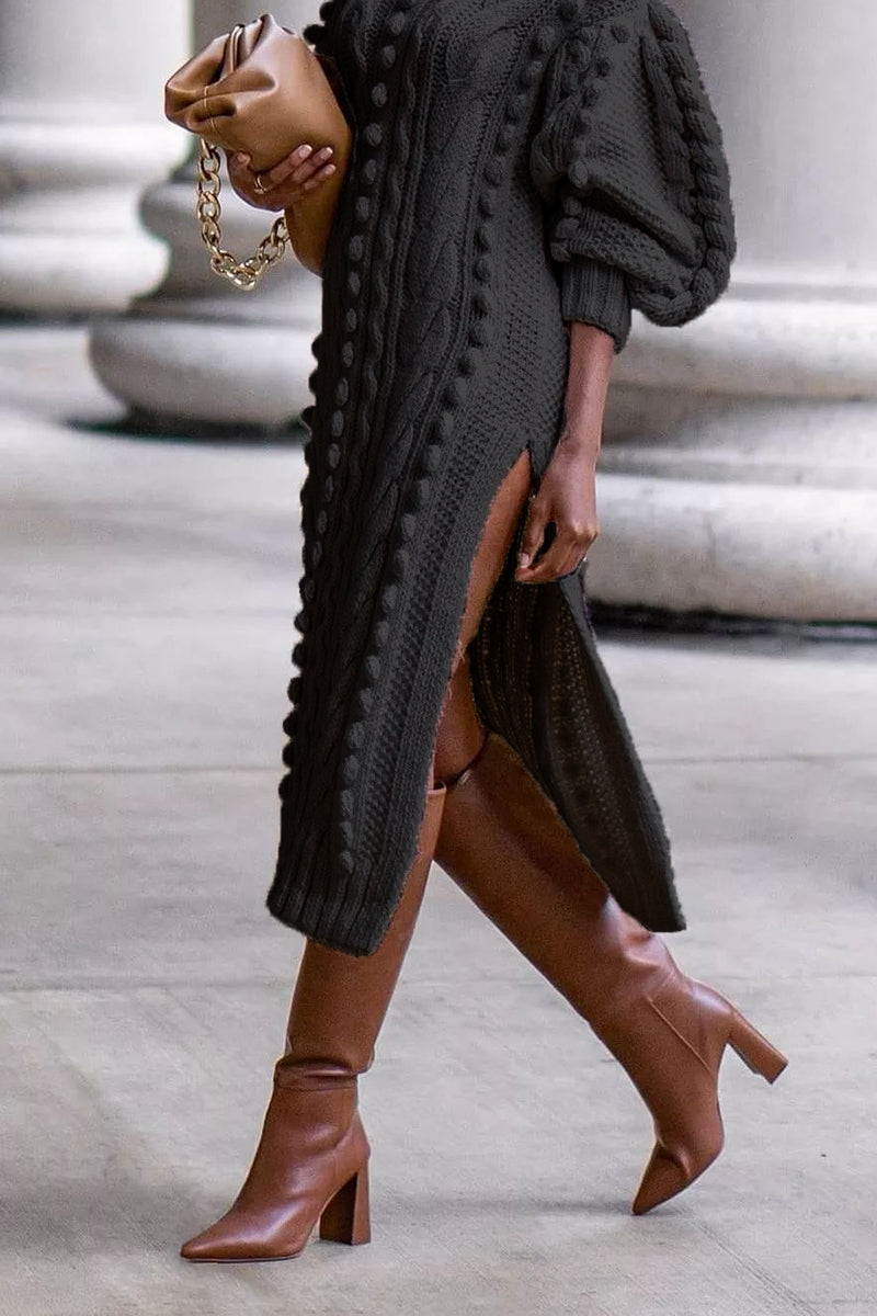 Knit Turtleneck Sweater Long Bell Sleeve Slit Midi Dresses