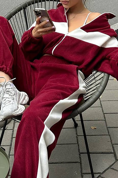 Colorblock Long Sleeve Track Jacket Casual Pants Matching Set-Brown