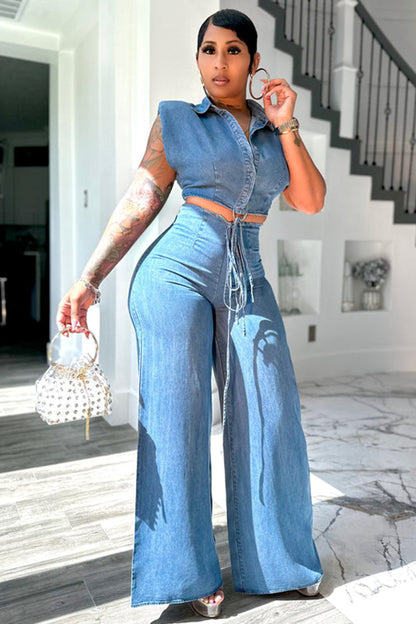Button Up Sleeveless Top Wide Leg Pants Denim 2pcs Set-Blue [Pre Order]
