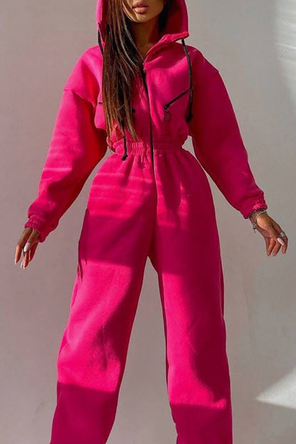 Zip-Up Cinch Waist Long Sleeve Hooded Solid Color Casual Jumpsuit-Green