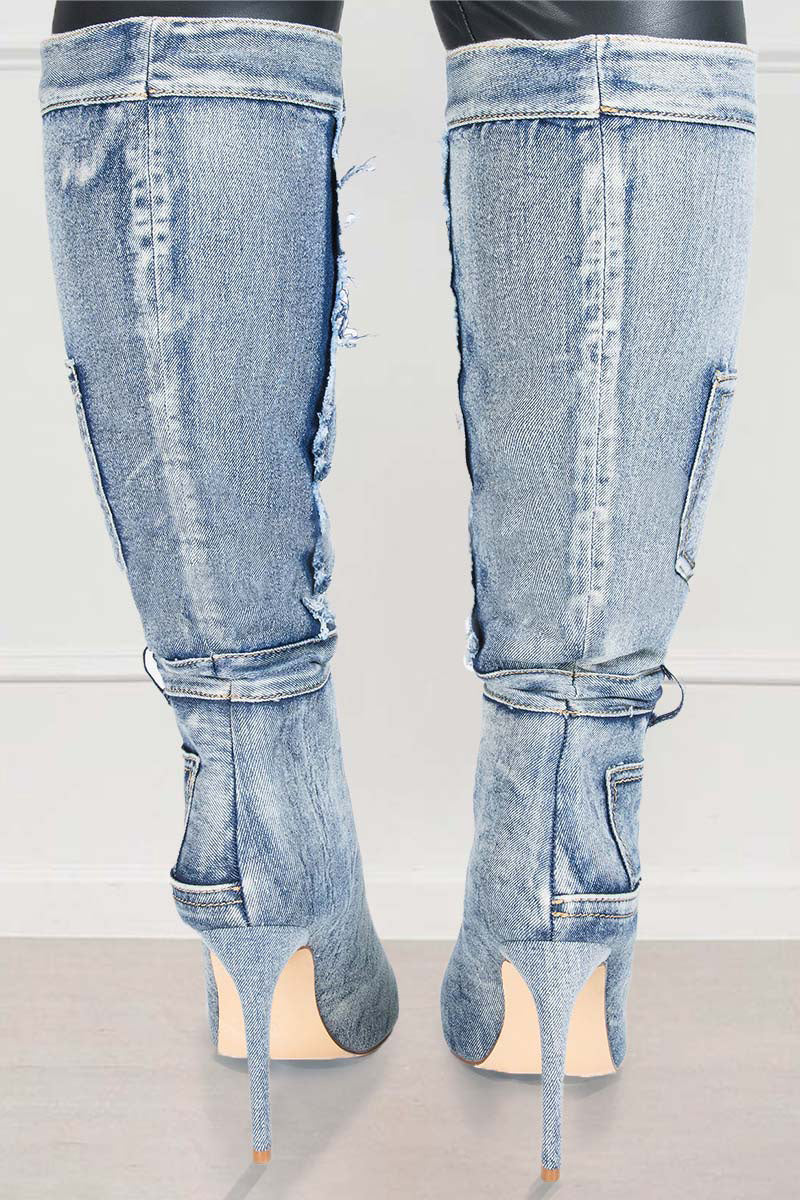 Denim Raw Edge Pointy Toe Stiletto High Leg Boots-Blue