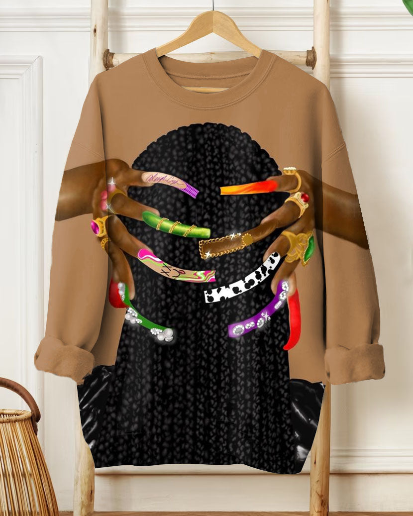 Women's Crew Neck Long Sleeve Black Print Sweatshirt