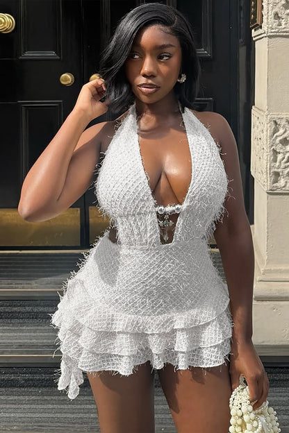 Fluffy Knit Deep V Neck Tiered Ruffled Hem Halter Mini Dresses-White