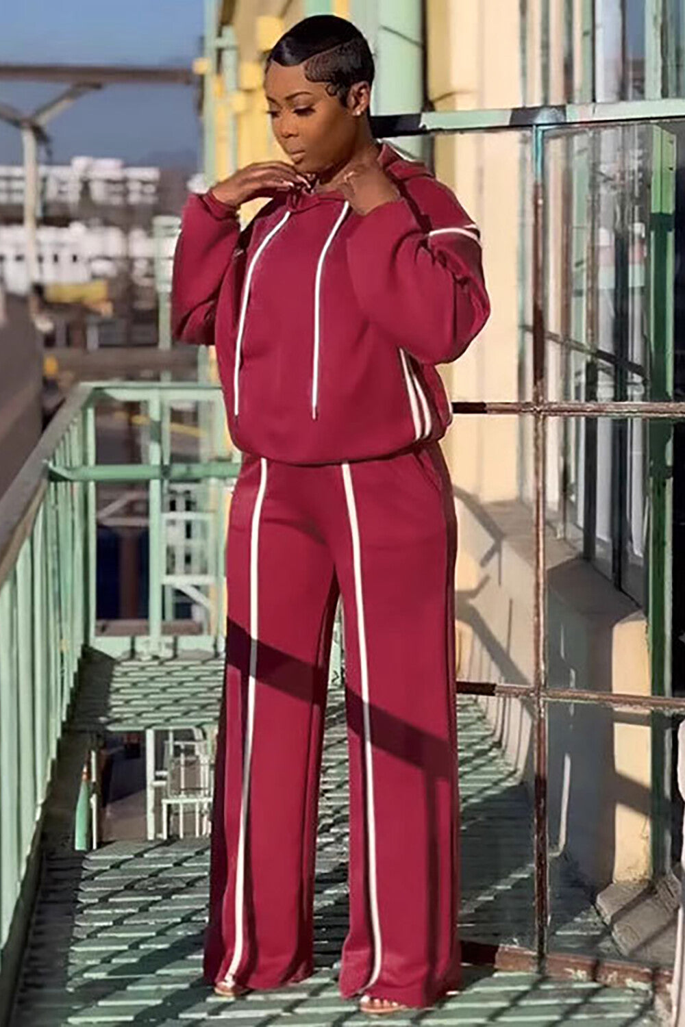 Colorblock Trim Long Sleeve Hoodie Straight Leg Pants Casual 2pcs Set-Black