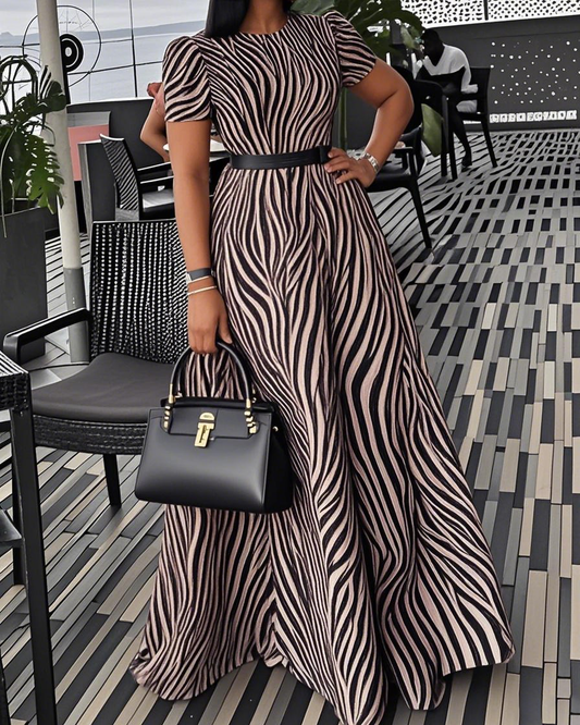 Women's Summer Elegant Round Neck Short Sleeve Zebra Pattern Print Slim Waist A-Line Maxi Dress(Without Belt)