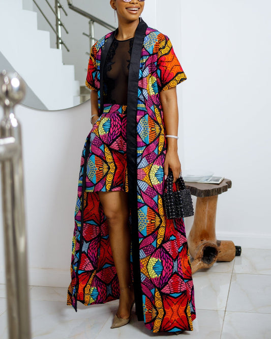 Women's Casual Print Kimono & Shorts Two-Piece Set