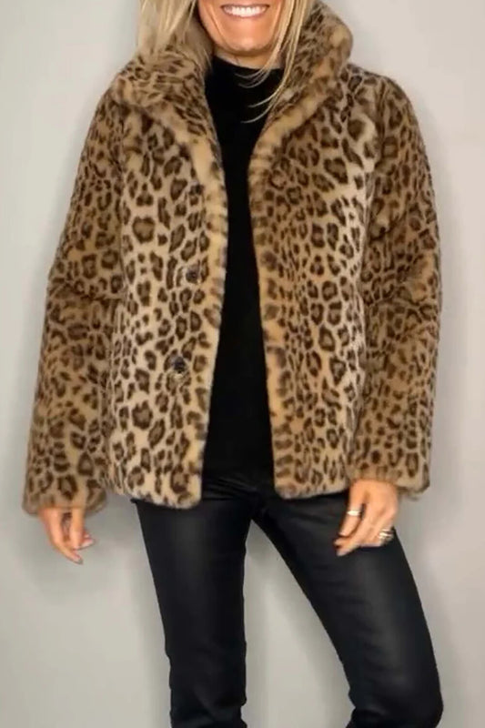 Leopard Fuzzy Long Sleeve Turndown Collar Coat-LightBrown