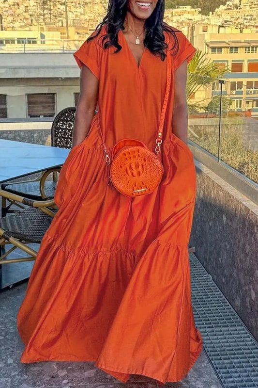 V Neck Cap Sleeve Pocket Quilted Solid Vacay Maxi Dresses-Orange