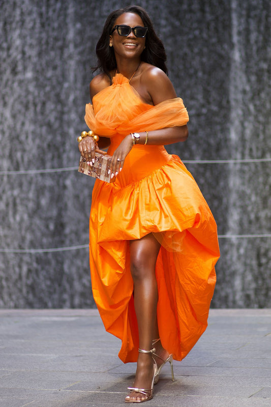 Halter Mesh Straps Dropped Waist Party Maxi Mullet Dresses-Orange [Pre Order]