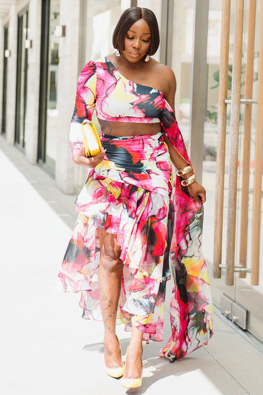 One Shoulder Top Print Irregular Maxi Skirt 2pcs Set-Fuchsia [Pre Order]