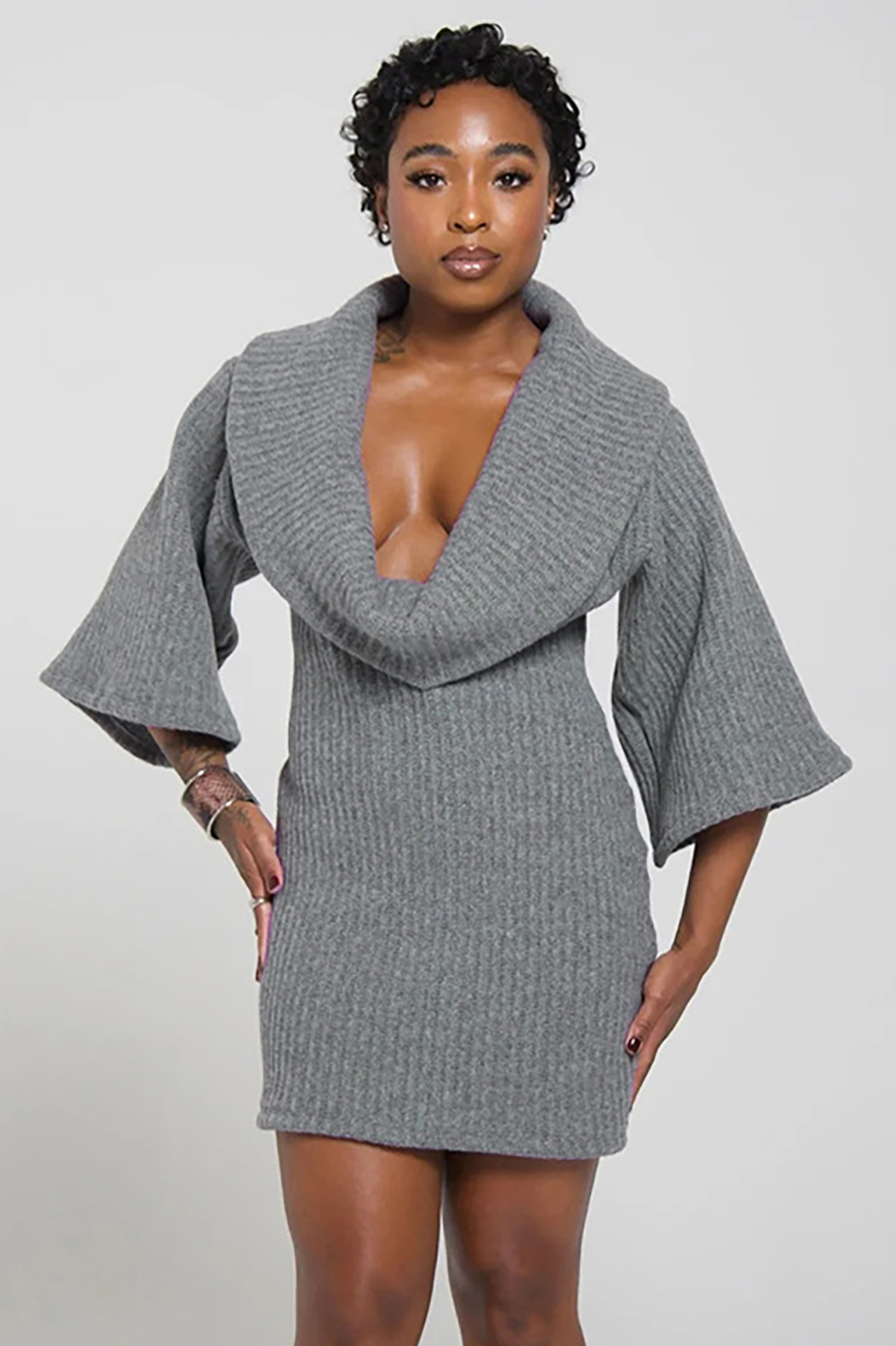 Cowl Neckline Half Sleeve Knit Bodycon Solid Color Sweater Mini Dresses-Gray