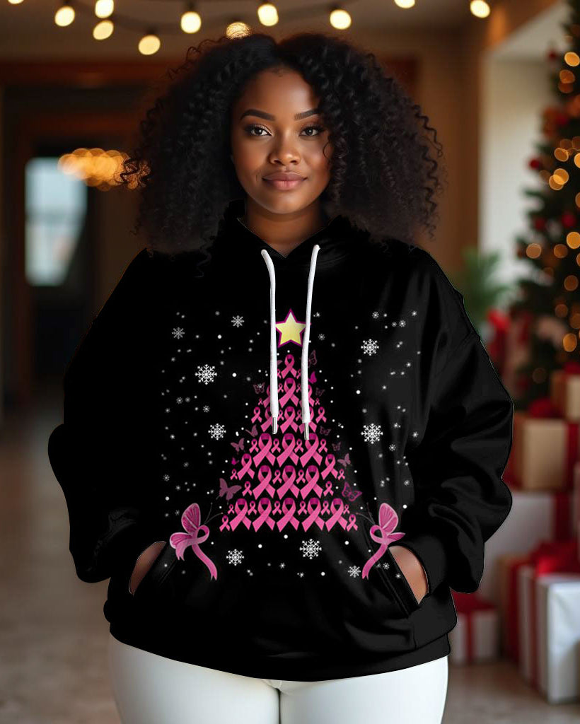 Women Christmas Tree Breast Cancer Awareness Print Long-sleeved Hoodie