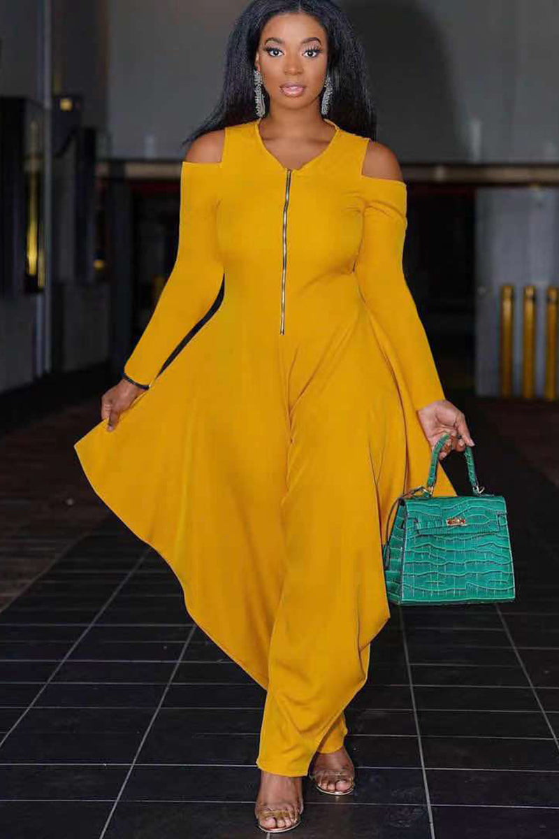Cold Shoulder Half Zip Irregular Harem Casual Jumpsuit