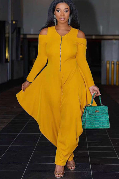 Cold Shoulder Half Zip Irregular Harem Casual Jumpsuit